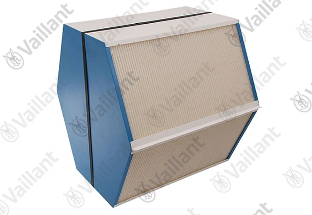 Wärmetauscher mit blauer und weißer Kunststoffumantelung, teilweise mit sichtbaren Lamellen, von der Marke Vaillant, für die Nutzung in Heizsystemen.